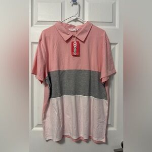 PatPat Men's Pink, Gray, and White Polo Shirt